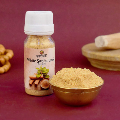 100% Original Mysore/Malyagiri White Chandan Sandalwood Powder, finely ground for pooja, skincare, and aromatic purposes, offering a pure and traditional fragrance. India’s Largest Pooja Accessories Brand – www.satvikworld.com