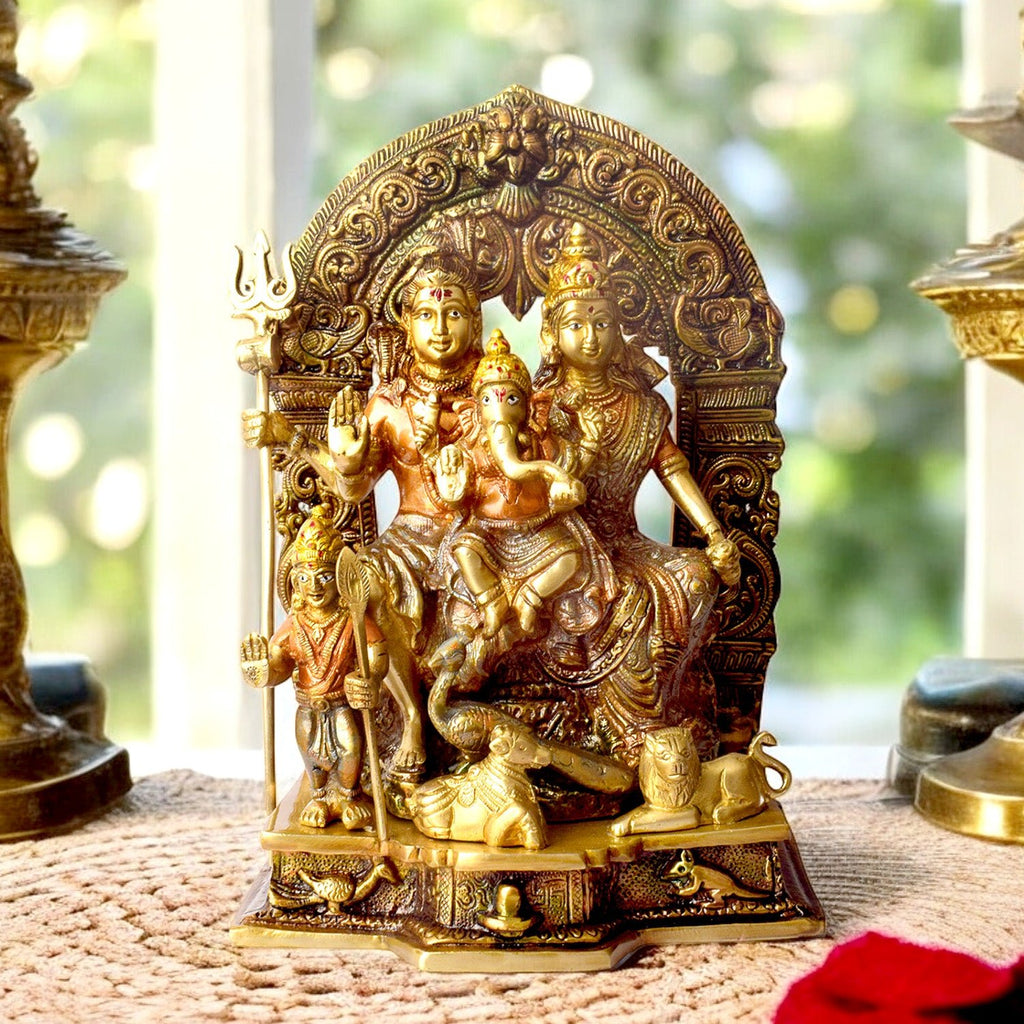 11.6 Inch Brass Sampurna Shiv Parivaar Idol: Complete Lord Shiva Family Statue – A detailed and elegant statue depicting Lord Shiva with Goddess Parvati, Lord Ganesha, and Lord Kartikeya, perfect for spiritual home décor and worship rituals. India’s Largest Pooja Accessories Brand – www.satvikworld.com