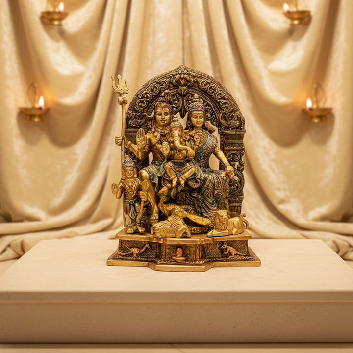 11.8 Inch Handcrafted Brass Shiv Parivaar Statue – Exquisite handcrafted brass statue of Lord Shiva, Goddess Parvati, Lord Ganesha, and Lord Kartikeya, perfect for worship and home décor. Ideal for bringing divine energy and blessings. India’s Largest Pooja Accessories Brand – www.satvikworld.com