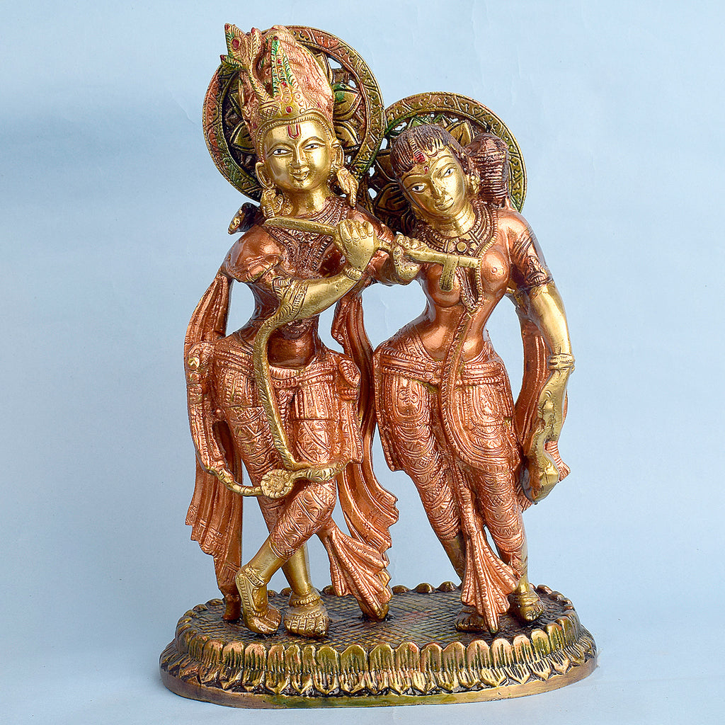 11 Inch Brass Radha Krishna Standing Together Statuefeaturing intricate detailing, perfect for spiritual home decor, temple worship, and devotional gifting. India’s Largest Brass Idols Brand - www.satvikworld.com
