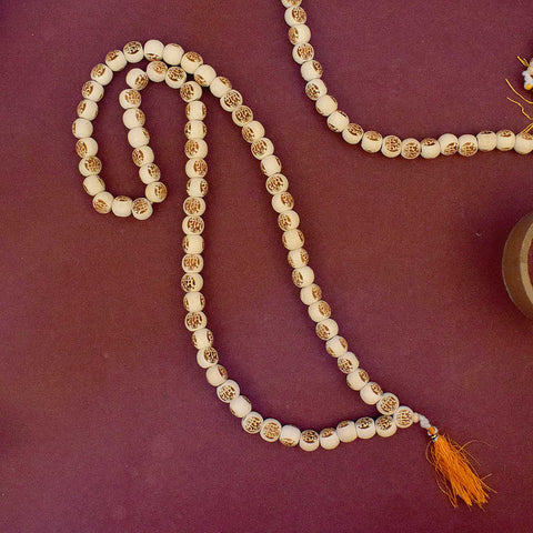 Wooden Jap Mala Engraved with Radha Name – Spiritual prayer beads with Radha inscription for chanting and devotion. 
India’s Largest Pooja Accessories Brand - www.satvikworld.com