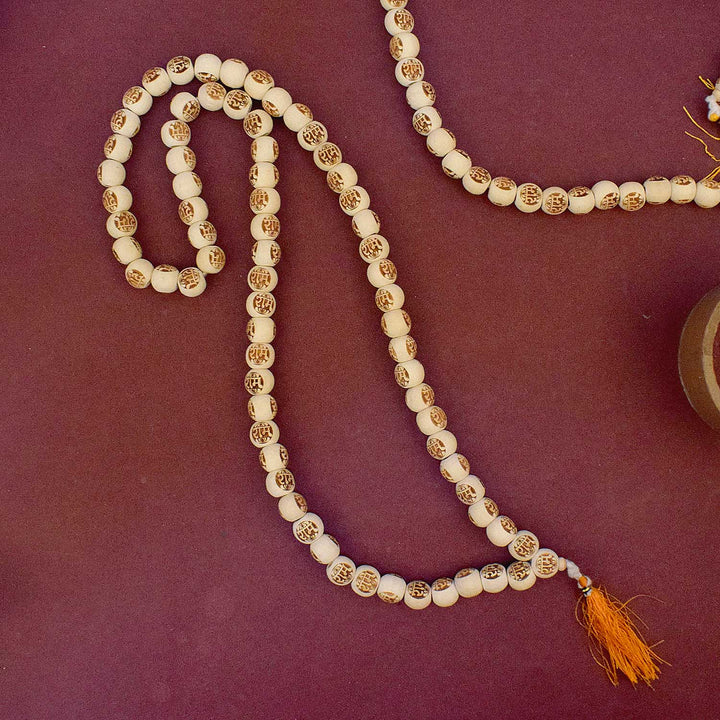 Wooden Jap Mala Engraved with Radha Name – Spiritual prayer beads with Radha inscription for chanting and devotion. 
India’s Largest Pooja Accessories Brand - www.satvikworld.com
