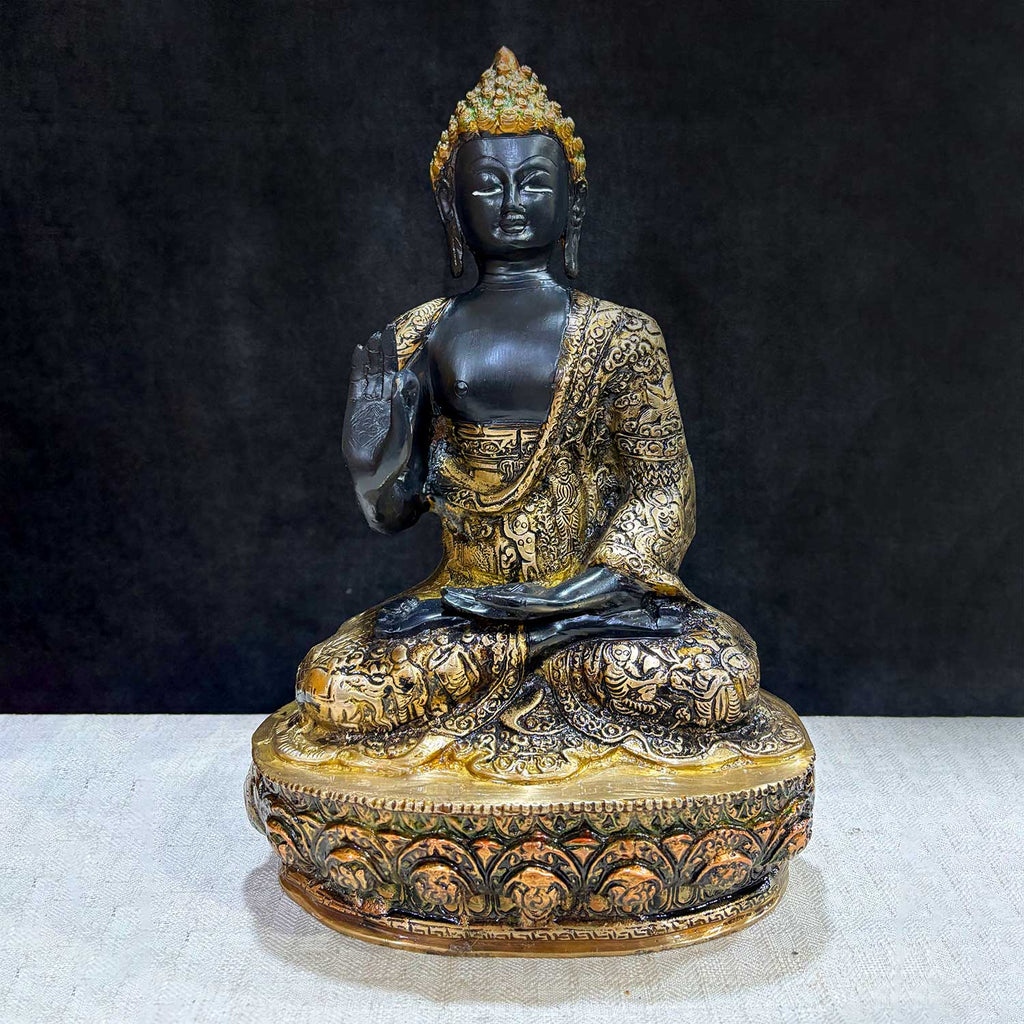13 Inch Buddha Statue in Sitting Pose – Majestic and Serene – A beautifully detailed brass statue of Lord Buddha in a meditative sitting pose, radiating peace and tranquility. Ideal for meditation spaces, home decor, and spiritual practices. India’s Largest Pooja Accessories Brand – www.satvikworld.com