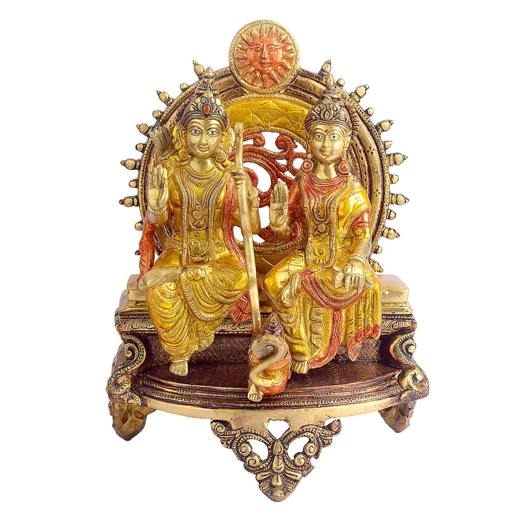 13 Inch Ram Sita Brass Idol Seated on Throne Brass Statue featuring intricate detailing, perfect for spiritual home decor, temple worship, and devotional gifting. India’s Largest Brass Idols Brand - www.satvikworld.com