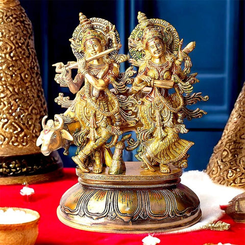 16 Inches Charming Radha Krishna with Kamdhenu Colorful Brass Idol
