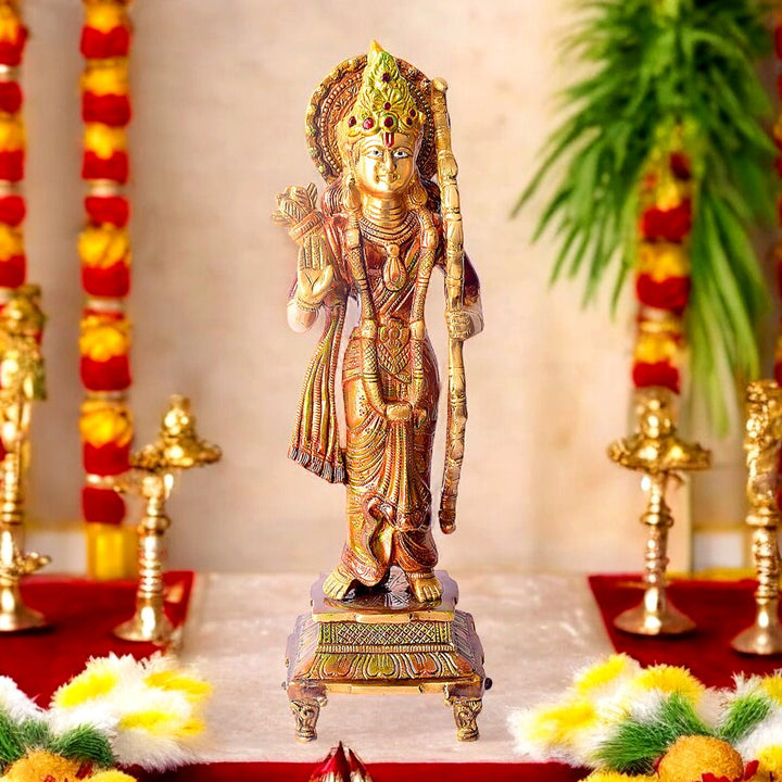 17.1 Inches Brass Ram with Bow Statue – A beautifully crafted statue of Lord Ram with a bow, symbolizing strength, courage, and divine protection. Ideal for home temples, worship spaces, and spiritual décor. India’s Largest Pooja Accessories Brand – www.satvikworld.com