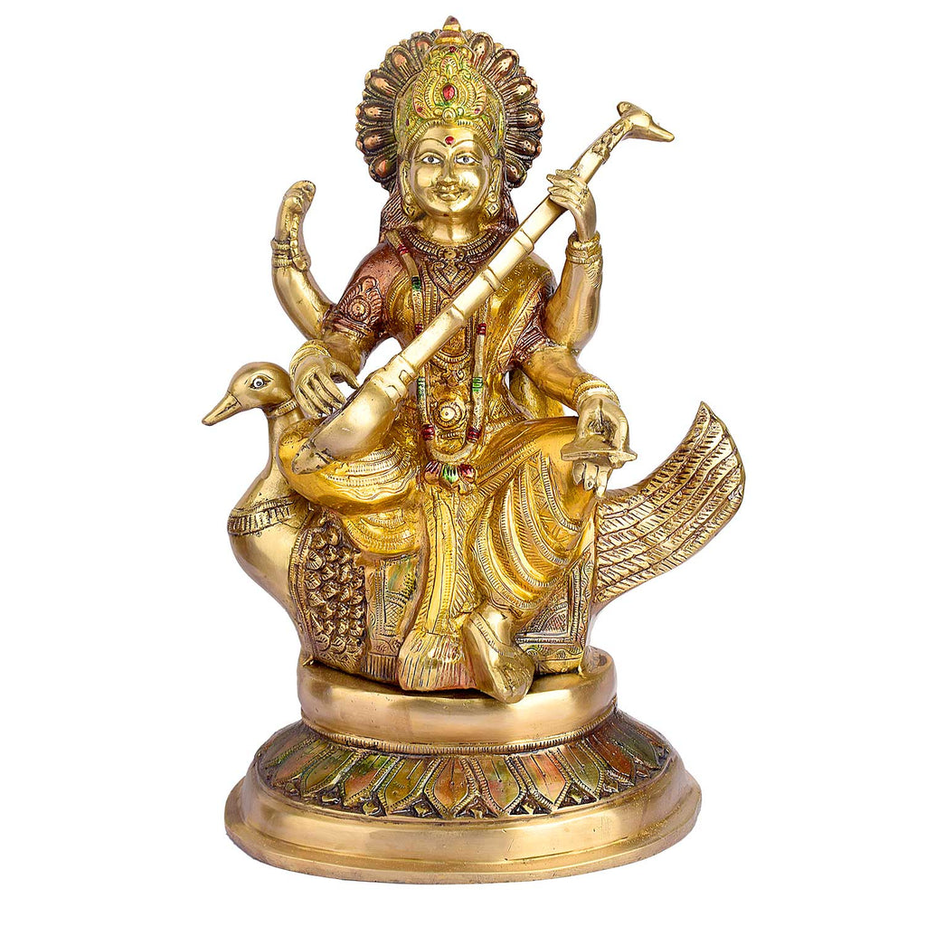 19.3 Inch Big Saraswati Maa Brass Statue featuring intricate detailing, perfect for spiritual home decor, temple worship, and devotional gifting. India’s Largest Brass Idols Brand - www.satvikworld.com
