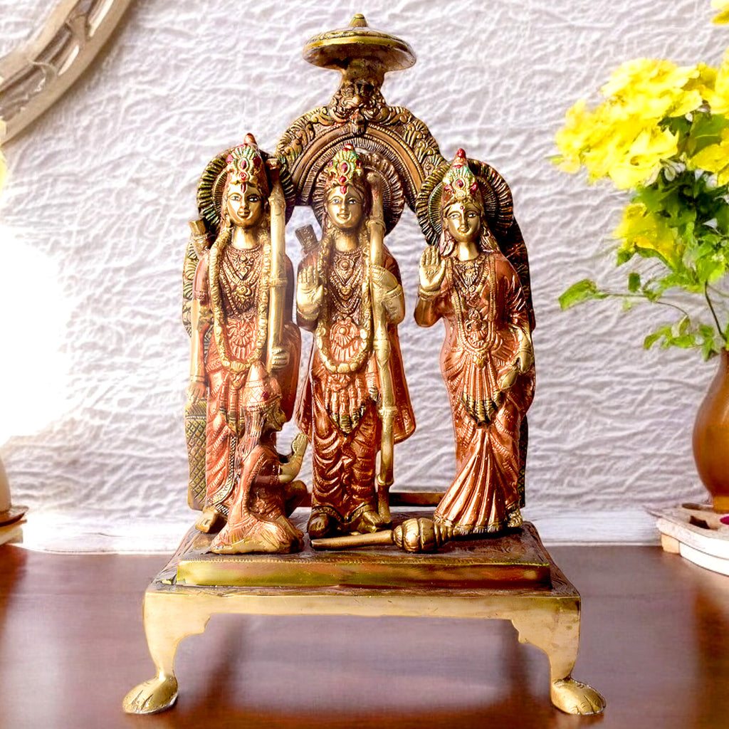 19 Inches Exquisite Brass Ram Darbar Idol – A magnificent and detailed idol featuring Lord Ram, Goddess Sita, Lakshman, and Hanuman, symbolizing divine harmony and protection. Ideal for your home temple or spiritual space. India’s Largest Pooja Accessories Brand – www.satvikworld.com