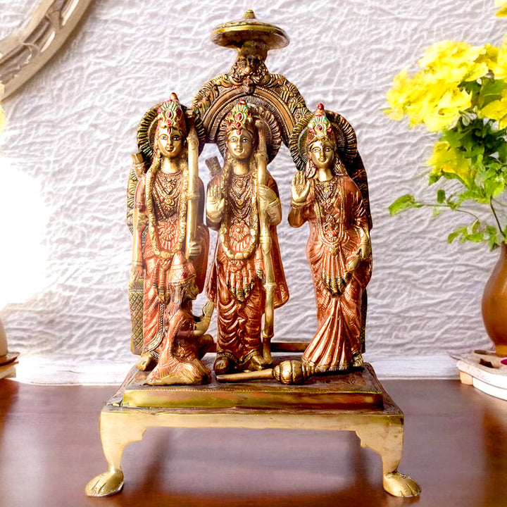 19 Inches Exquisite Brass Ram Darbar Idol – A magnificent and detailed idol featuring Lord Ram, Goddess Sita, Lakshman, and Hanuman, symbolizing divine harmony and protection. Ideal for your home temple or spiritual space. India’s Largest Pooja Accessories Brand – www.satvikworld.com