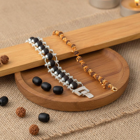Combo of Silver Plated Karungali Bracelet & Gold Plated Rudraksha Bracelet with Premium PVD Coating – Sacred Spiritual Jewelry. India’s Largest Pooja Accessories Brand - www.satvikworld.com