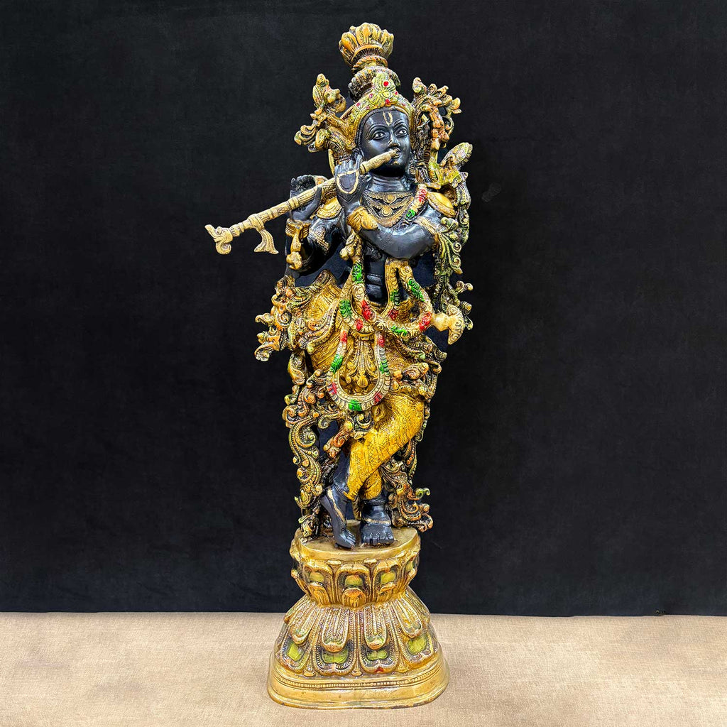 28 Inches Delicate Krishna Black Brass Idol – A beautifully crafted black brass idol of Lord Krishna, showcasing intricate detailing and divine grace. Perfect for enhancing the spiritual ambiance of your home temple or altar. India’s Largest Pooja Accessories Brand – www.satvikworld.com