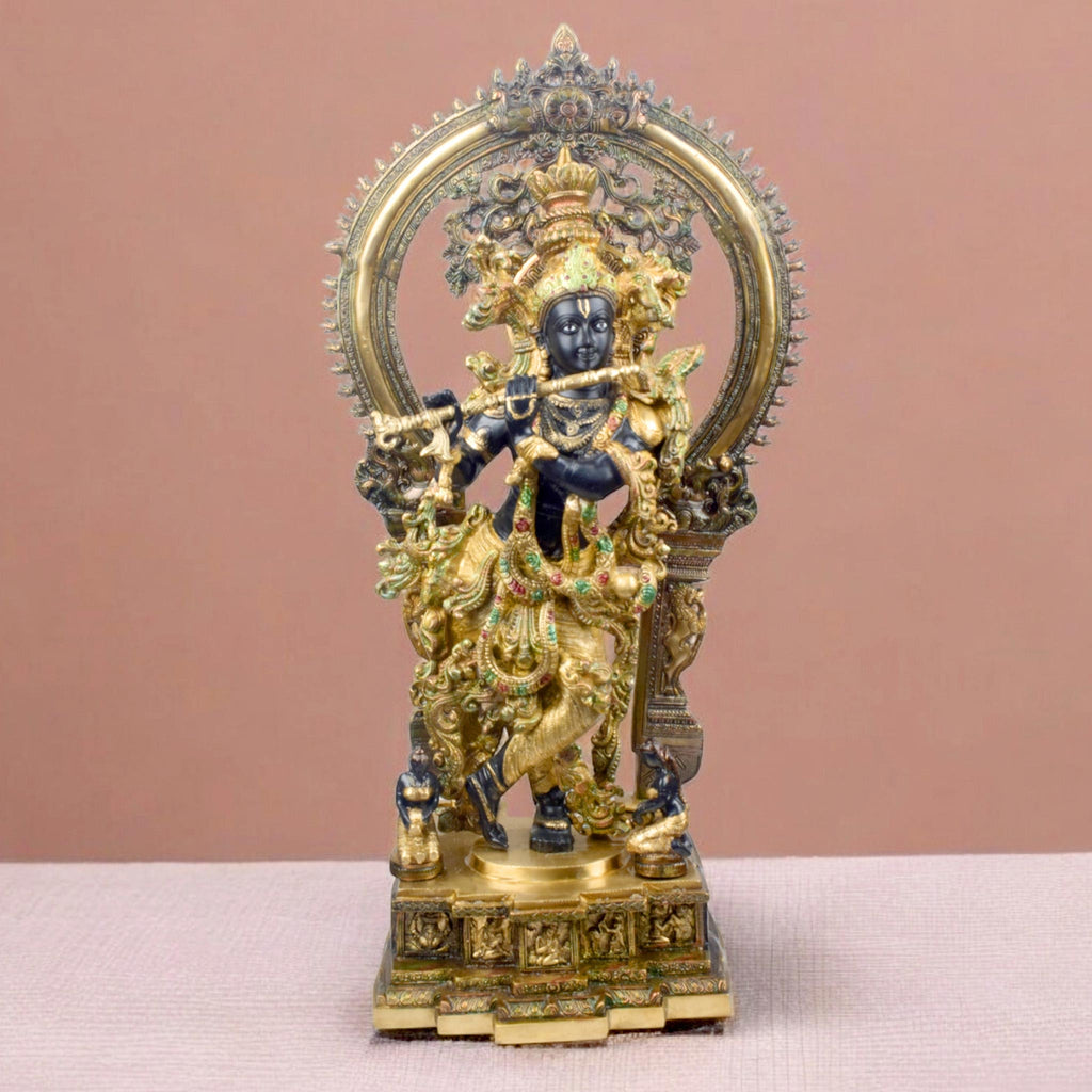32 Inch Lord Krishna Stands on an Engraved Base with Frame – A majestic brass idol of Lord Krishna standing gracefully on an engraved base, framed beautifully for a divine addition to your home temple or spiritual decor. India’s Largest Pooja Accessories Brand – www.satvikworld.com