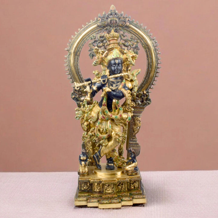 32 Inch Lord Krishna Stands on an Engraved Base with Frame – A majestic brass idol of Lord Krishna standing gracefully on an engraved base, framed beautifully for a divine addition to your home temple or spiritual decor. India’s Largest Pooja Accessories Brand – www.satvikworld.com