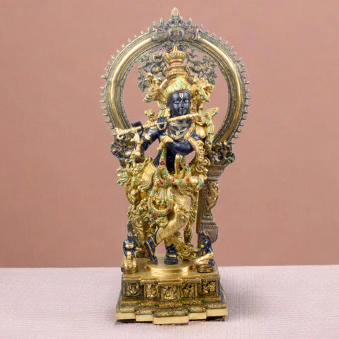 32 Inch Lord Krishna Stands on an Engraved Base with Frame