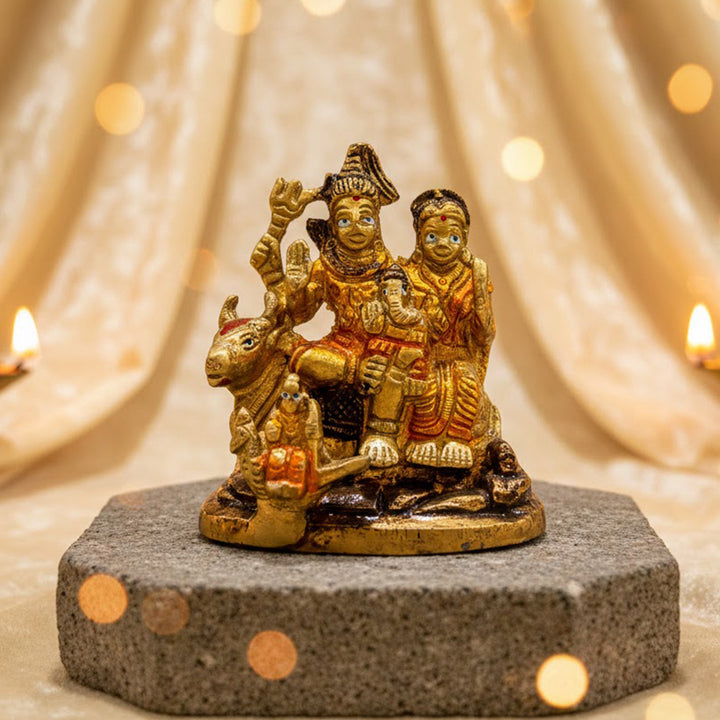 3-inch Shiv Parivaar idol featuring Lord Shiva, Goddess Parvati, Lord Ganesha, and Lord Kartikeya, with Nandi, the divine bull, intricately detailed in brass. Symbolizing family blessings, harmony, and spiritual protection. India’s Largest Pooja Accessories Brand – www.satvikworld.com