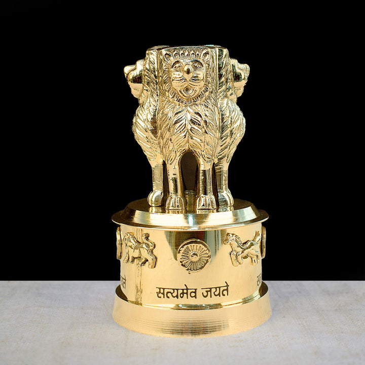 4 Inch Brass Ashoka Pillar Showpiece - National symbol showpiece Showpiece with Intricate Detailing – Ideal for Home & Office Décor, Cultural Gifting, and Traditional Displays | India’s Largest Brass Idols Brand – www.satvikworld.com.