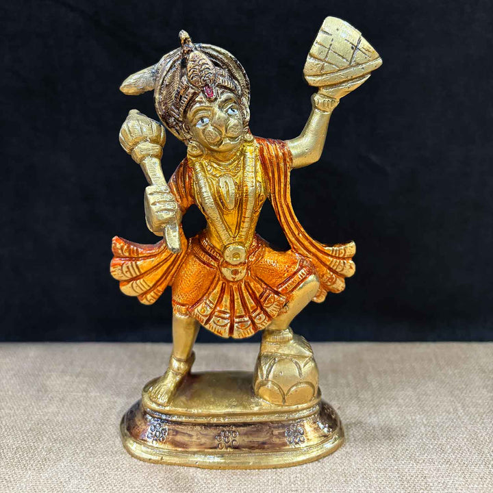 5.5-inch brass Hanuman Ji idol, depicting Lord Hanuman holding the Sanjeevani mountain, symbolizing strength, devotion, and the power to overcome obstacles. Perfect for spiritual worship or home décor. India’s Largest Pooja Accessories Brand – www.satvikworld.com