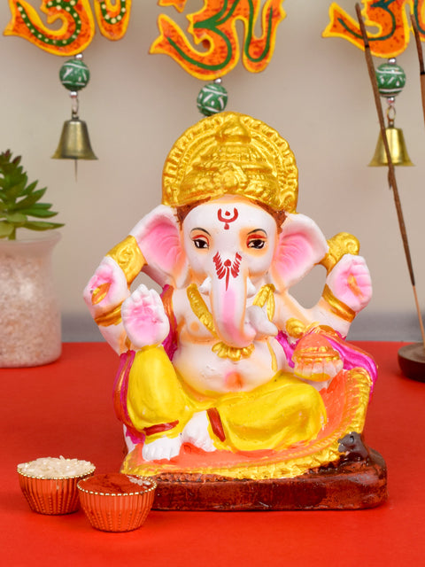 6-inch vibrant eco-friendly Ganesha idol in Padmasana pose, made from natural clay and hand-painted with bright, non-toxic colors for home worship. India’s Largest Pooja Accessories Brand – www.satvikworld.com