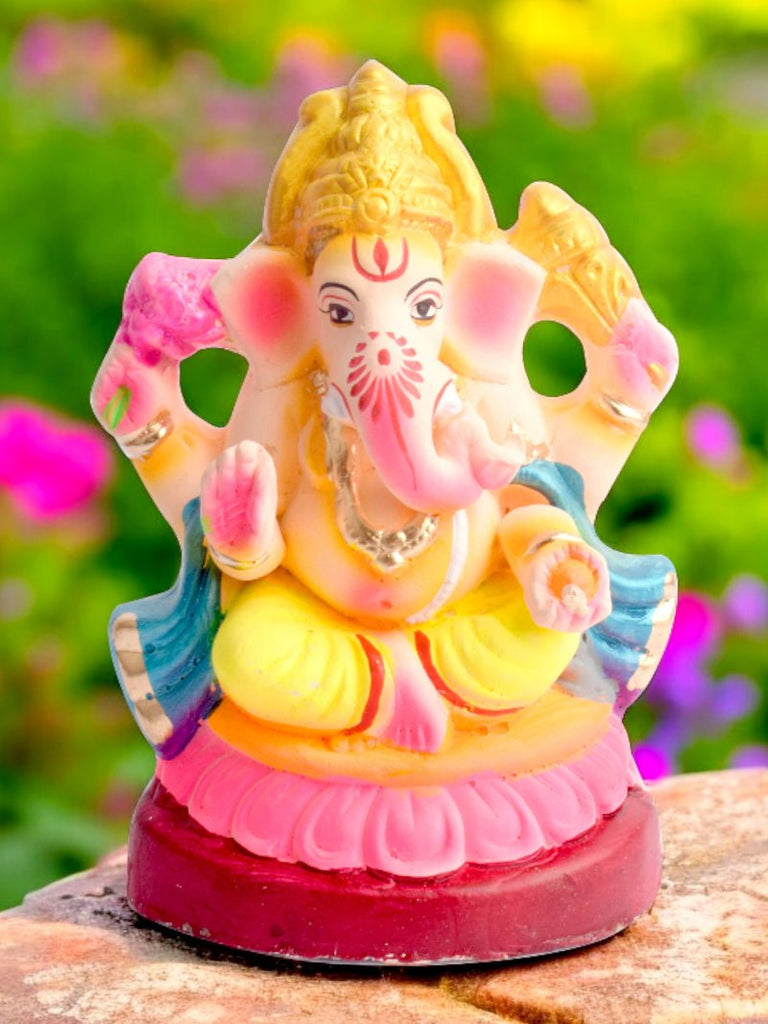 6.5-inch eco-friendly Shayana Ganesha idol in Padmasana pose, adorned with a red patka, handcrafted from natural clay and painted with organic colors India’s Largest Pooja Accessories Brand – www.satvikworld.com