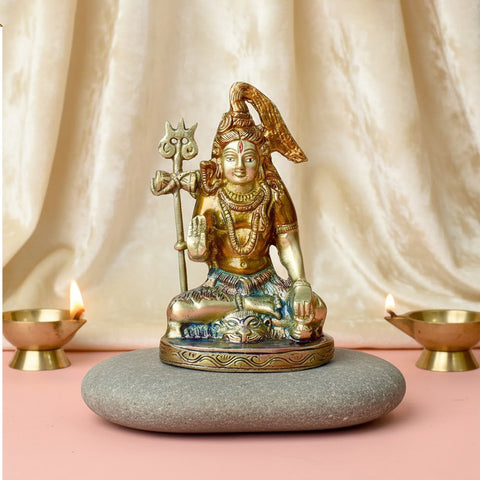 6-inch brass Shiv idol, a divine Lord Shiva statue depicting the serene and powerful form of the deity. Perfect for pooja rooms and spiritual spaces. India’s Largest Pooja Accessories Brand – www.satvikworld.com
