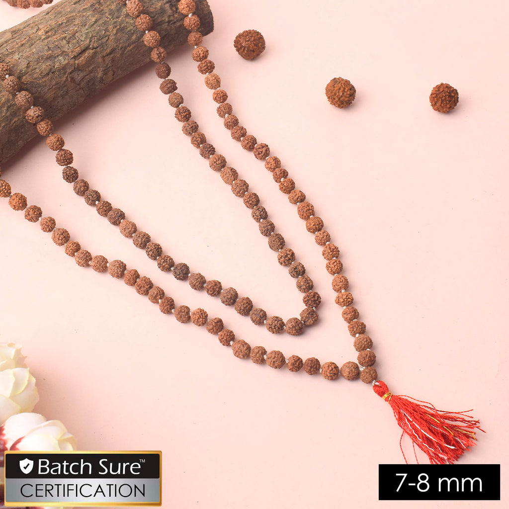 7-8mm 5 Mukhi White Knotted Rudraksha Mala with natural brown beads neatly hand-knotted for daily Jaap, meditation, and spiritual rituals. India’s Premium Jap Mala Store - www.satvikworld.com
