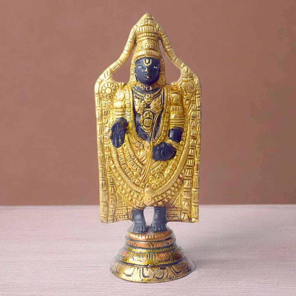 8-inch divine brass Tirupati Balaji sculpture with black and gold accents, depicting Lord Venkateshwara in a majestic form, symbolizing blessings and divine grace. Perfect for pooja rooms and spiritual spaces. India’s Largest Pooja Accessories Brand – www.satvikworld.com