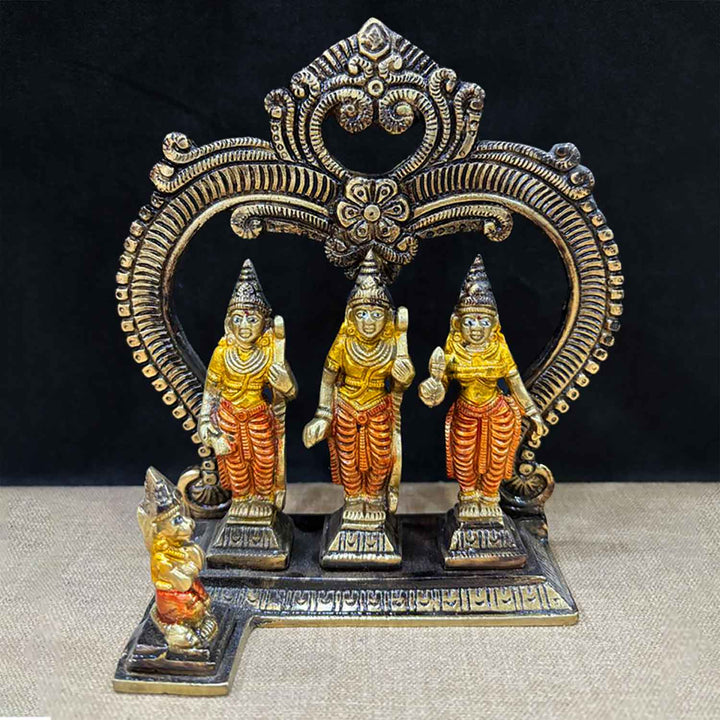 6.9-inch exquisite brass Ram Darbar idol, beautifully crafted to depict Lord Ram, Sita, Lakshman, and Hanuman in a serene and divine family setting. Symbolizing virtue, devotion, and strength. Ideal for pooja rooms, festive décor, or as a spiritual gift. India’s Largest Pooja Accessories Brand – www.satvikworld.com