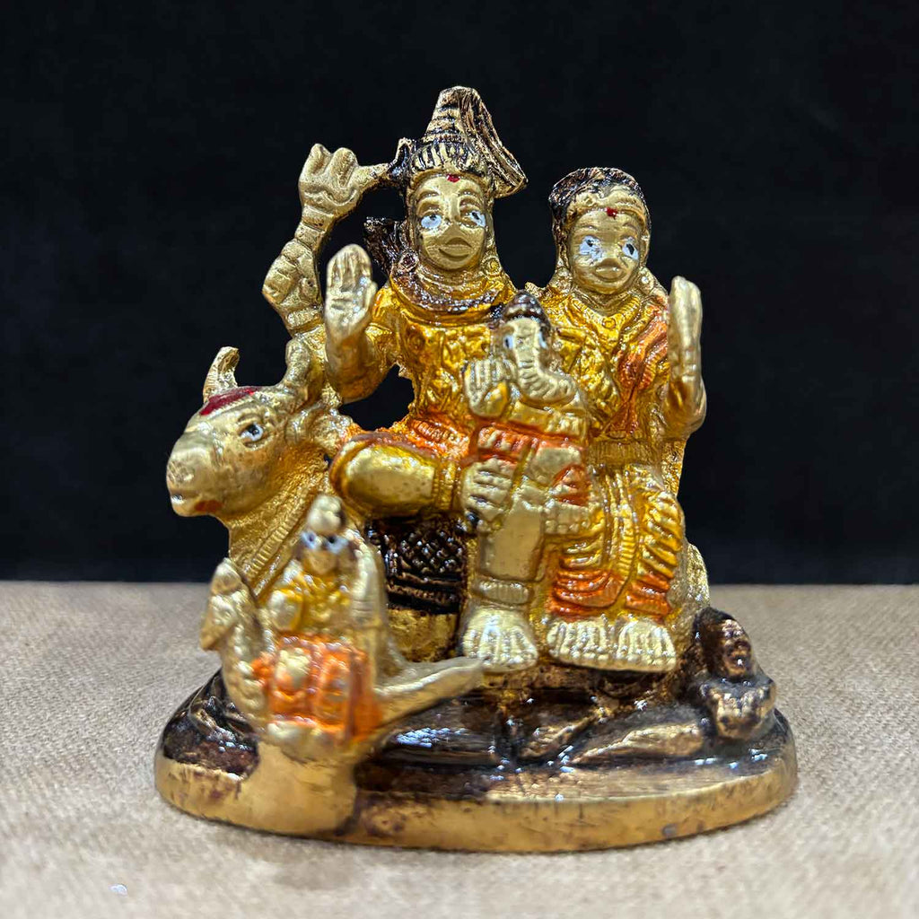 3-inch Shiv Parivaar idol featuring Lord Shiva, Goddess Parvati, Lord Ganesha, and Lord Kartikeya, with Nandi, the divine bull, intricately detailed in brass. Symbolizing family blessings, harmony, and spiritual protection. India’s Largest Pooja Accessories Brand – www.satvikworld.com