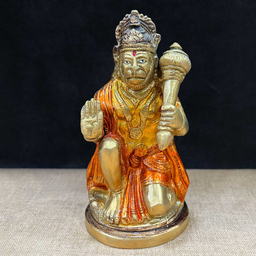 6.1-inch brass Hanuman statue in a devotional pose, symbolizing strength and devotion. Perfect for pooja rooms and spiritual spaces. India’s Largest Pooja Accessories Brand – www.satvikworld.com