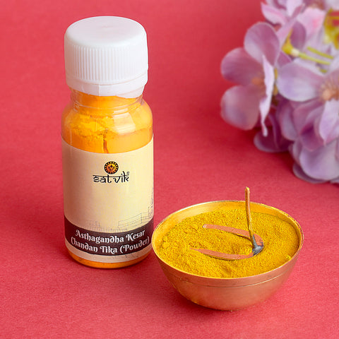 Ashtagandha Chandan Tika powder for sacred tilak application in Hindu rituals and spiritual practices. India’s Largest Pooja Accessories Brand – www.satvikworld.com