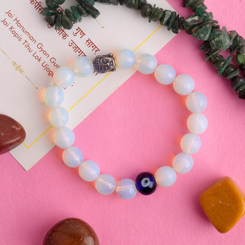 Authentic Buddha Opalite Bracelet with Evil Eye for Spiritual Calm and Protection. India’s Largest Pooja Accessories Brand – www.satvikworld.com