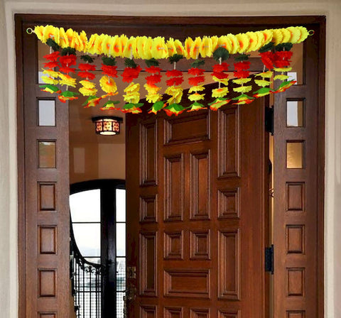 Vibrant Artificial Flower Bandarwal Toran featuring colorful floral arrangements designed to enhance main door or pooja room entrances with a festive and traditional Indian touch. India’s Largest Pooja Accessories Brand – www.satvikworld.com