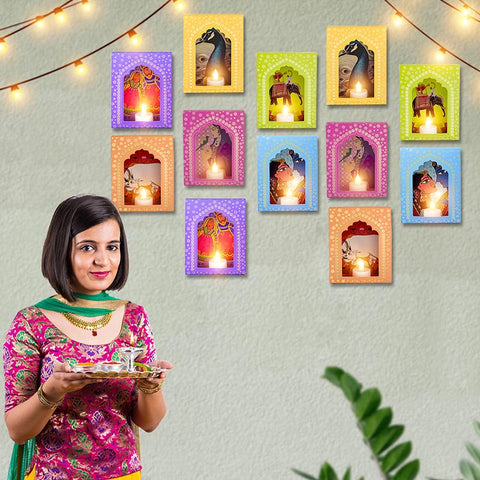 Beautiful LED Deep Mala Diwali decoration set featuring traditional Jharokha-style boxes with glowing LED candles, perfect for festive home décor. India’s Largest Pooja Accessories Brand – www.satvikworld.com