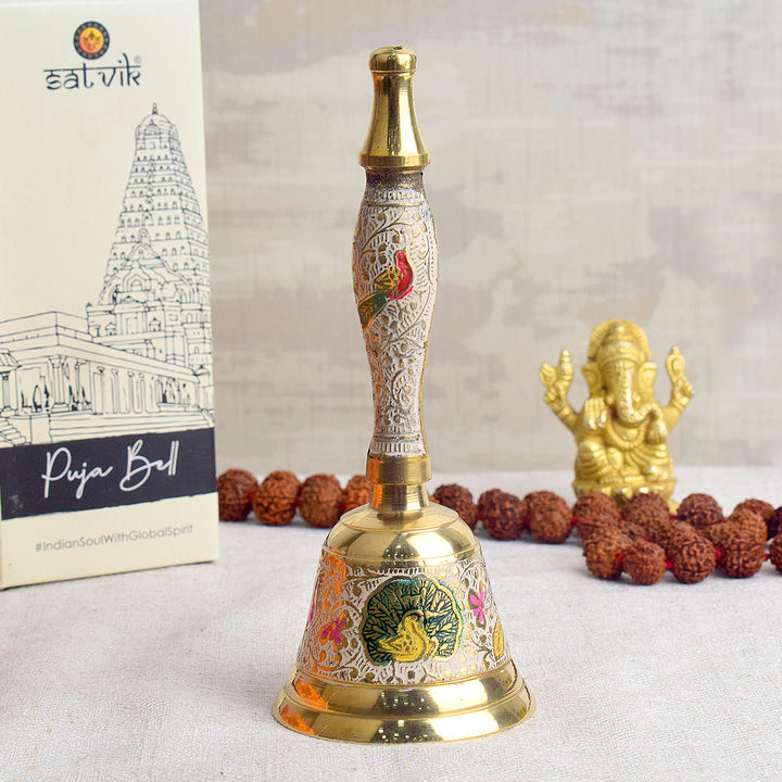 Beautiful handcrafted white brass puja bell with elegant detailing, perfect for daily rituals, temple prayers, and spiritual ceremonies. India’s Largest Pooja Accessories Brand – www.satvikworld.com