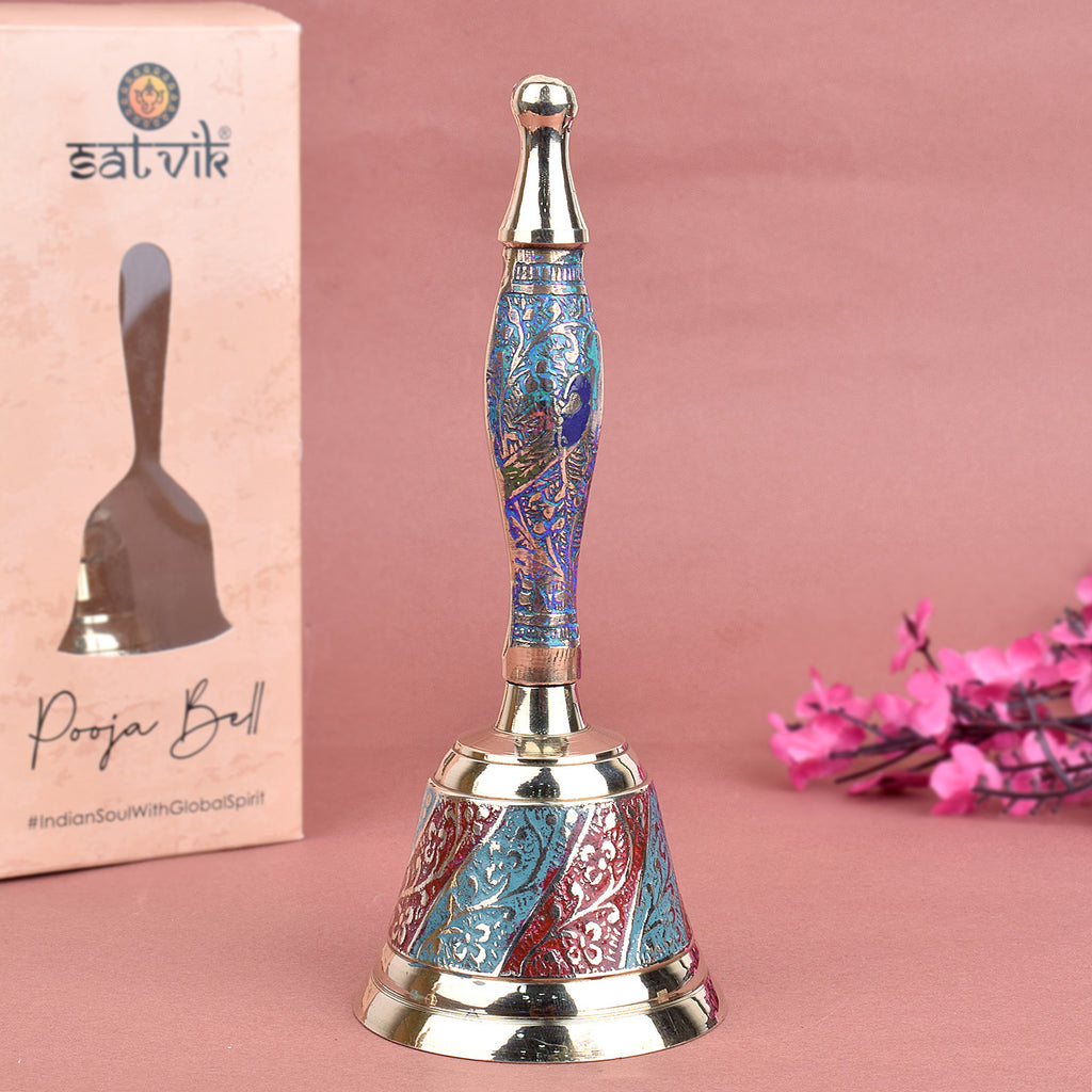 Beautifully handcrafted brass puja bell in vibrant skyblue and red enamel finish, ideal for daily aarti and spiritual rituals. India’s Largest Pooja Accessories Brand – www.satvikworld.com