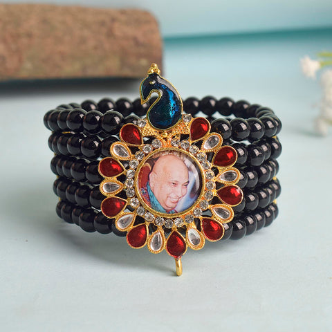 Black Beads Five Layer Guruji Swaroop Bracelet with Peacock Pendant