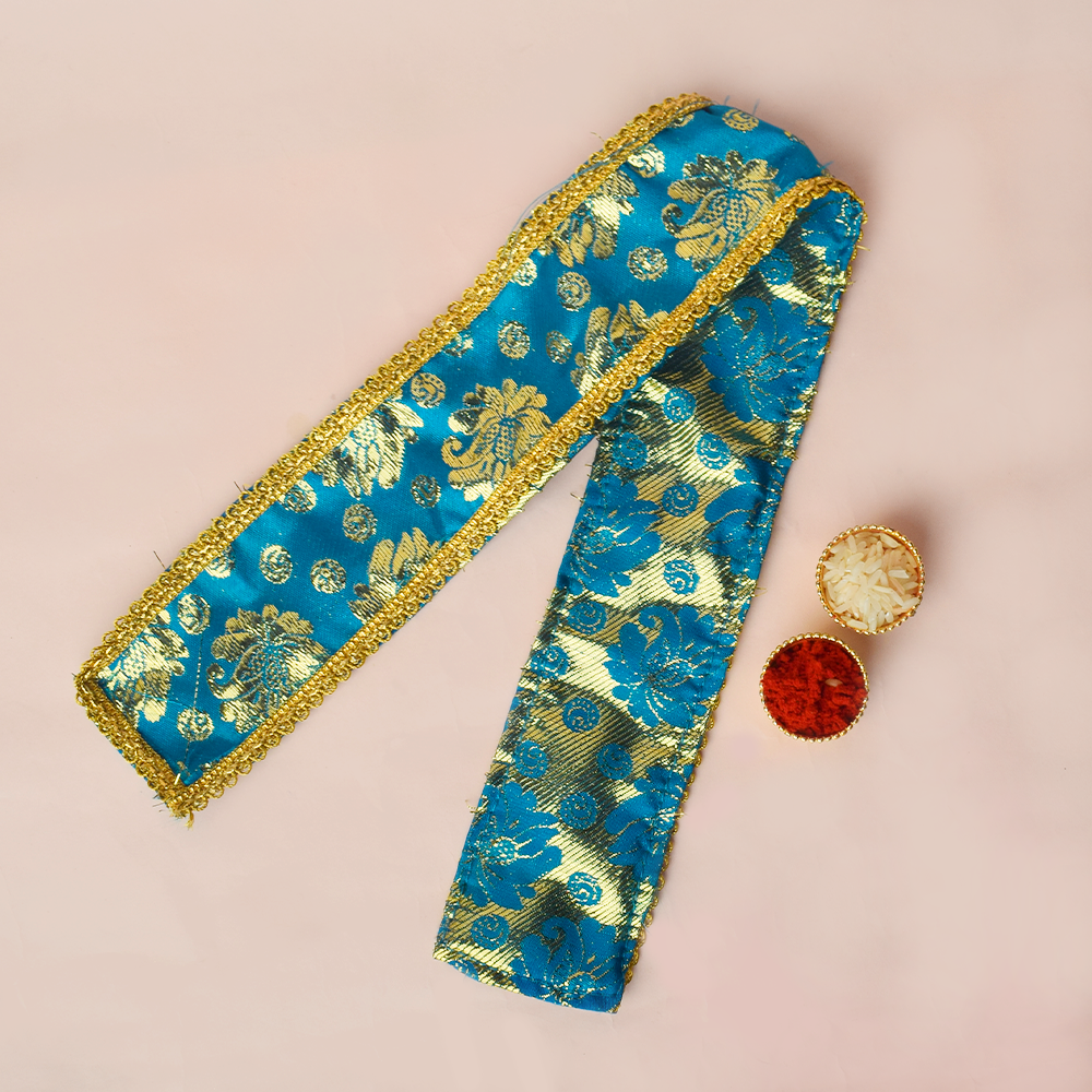 "Blue and golden designer Angvastra/Patka/Dupatta, 21-22 inches in length, featuring intricate patterns and traditional styling. India’s Largest Pooja Accessories Brand – www.satvikworld.com
