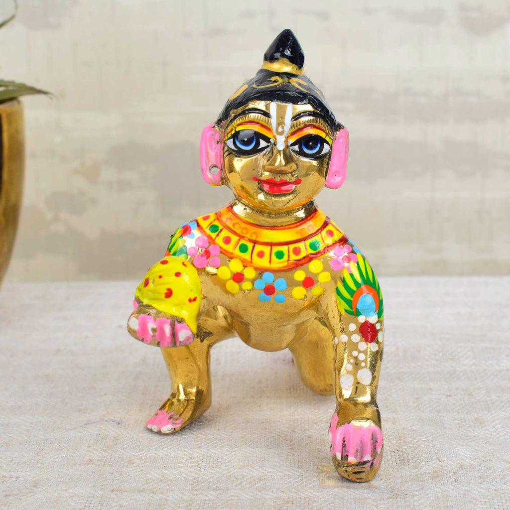 Brass Bal Gopal Idol (Size 5) depicting Laddu Gopal in a playful pose for home temple worship. India’s Largest Pooja Accessories Brand - www.satvikworld.com