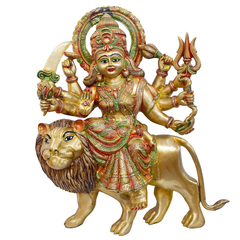 Handcrafted brass statue of Durga Maa seated on her lion vahana, holding multiple weapons including a sword and trident, glossy finish, weight 24850 grams, height 60 cm (approximately 23.62 inches), length 42 cm (approximately 16.54 inches). Best for VIP Gift, best for big premium gift, best for your temple. World's Largest Puja Accessories Brand - Satvik No. 1 Brass Idol Collection