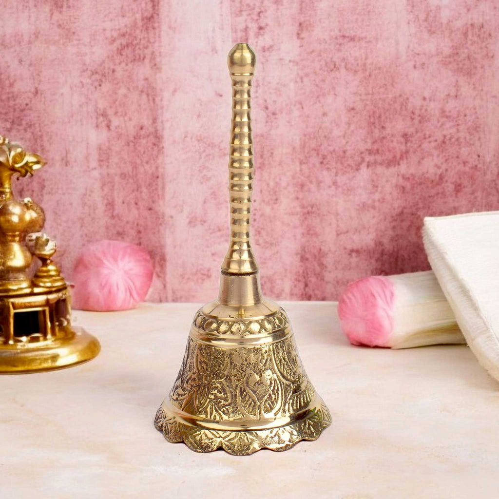 Brass Embossed Puja Bell with traditional carvings for temple rituals. India’s Largest Pooja Accessories Brand - www.satvikworld.com