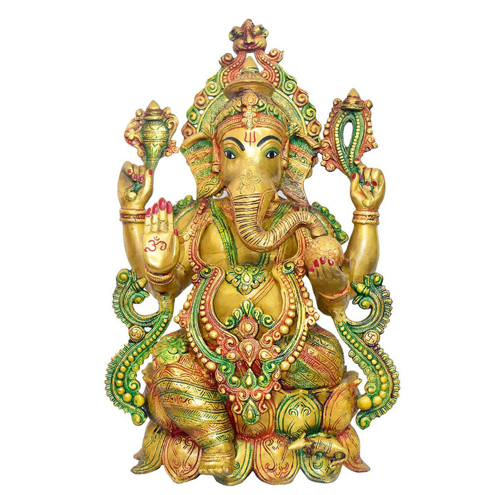 Temple-size brass Ganesha idol with glossy finish – 54 cm (21 inches) height, 37 cm (14.5 inches) length, and 20850 grams (20.85 kg) weight. This handcrafted temple-size murti is made from high-quality brass, perfect for home temples, puja, and gifting. Buy premium temple-size statues from India's Large Puja Accessories Brand - Satvik India's No. 1  Brass Collection 