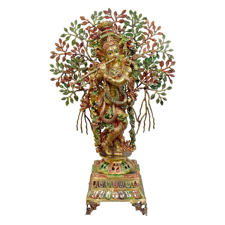 Handcrafted large brass statue of Lord Krishna playing the flute under the Kalpavriksha tree, glossy finish, weight 29150 grams, height 87 cm, length 57 cm. Best for VIP Gift, best for big premium gift, best for your temple. World's Largest Puja Accessories Brand - Satvik No. 1 Brass Idol Collection 