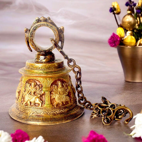 Brass Temple Bell (Ghanta) with Embossed Sherawali Mata, crafted for home temples and pooja spaces. This elegant, high-quality bell creates a sacred atmosphere, perfect for daily rituals, prayers, and spiritual décor. Ideal for enhancing your worship experience and bringing divine blessings. India’s Largest Pooja Accessories Brand – www.satvikworld.com