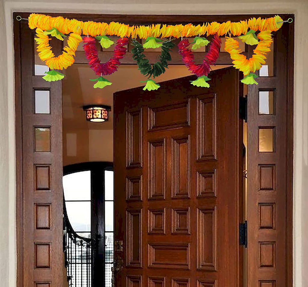 Bright and colorful Artificial Flower Bandarwal Floral Toran (Design-5) featuring orange and yellow flowers with green leaves, ideal for traditional Indian door decoration during festivals and celebrations. India’s Largest Pooja Accessories Brand – www.satvikworld.com