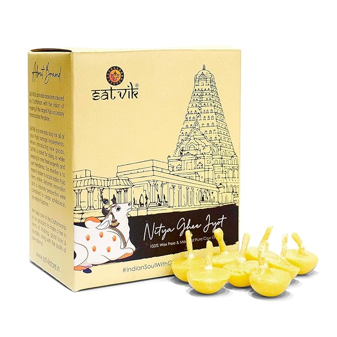Bulk Pack of 100 Pure Cow Ghee Diya Wicks (Wax Free), made from Ayurvedic cow ghee for long, clean-burning light during aarti and festivals. India’s Largest Pooja Accessories Brand – www.satvikworld.com