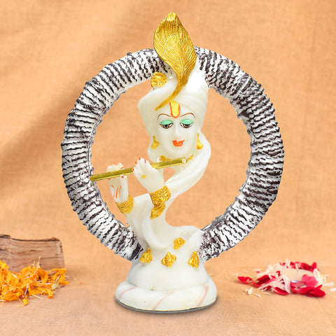 Divine Embrace: White resin statue of Lord Krishna encircled by a ring, symbolizing love, devotion, and spiritual unity. Exquisitely crafted, perfect for worship, gifting, or home décor. India’s Largest Pooja Accessories Brand – www.satvikworld.com