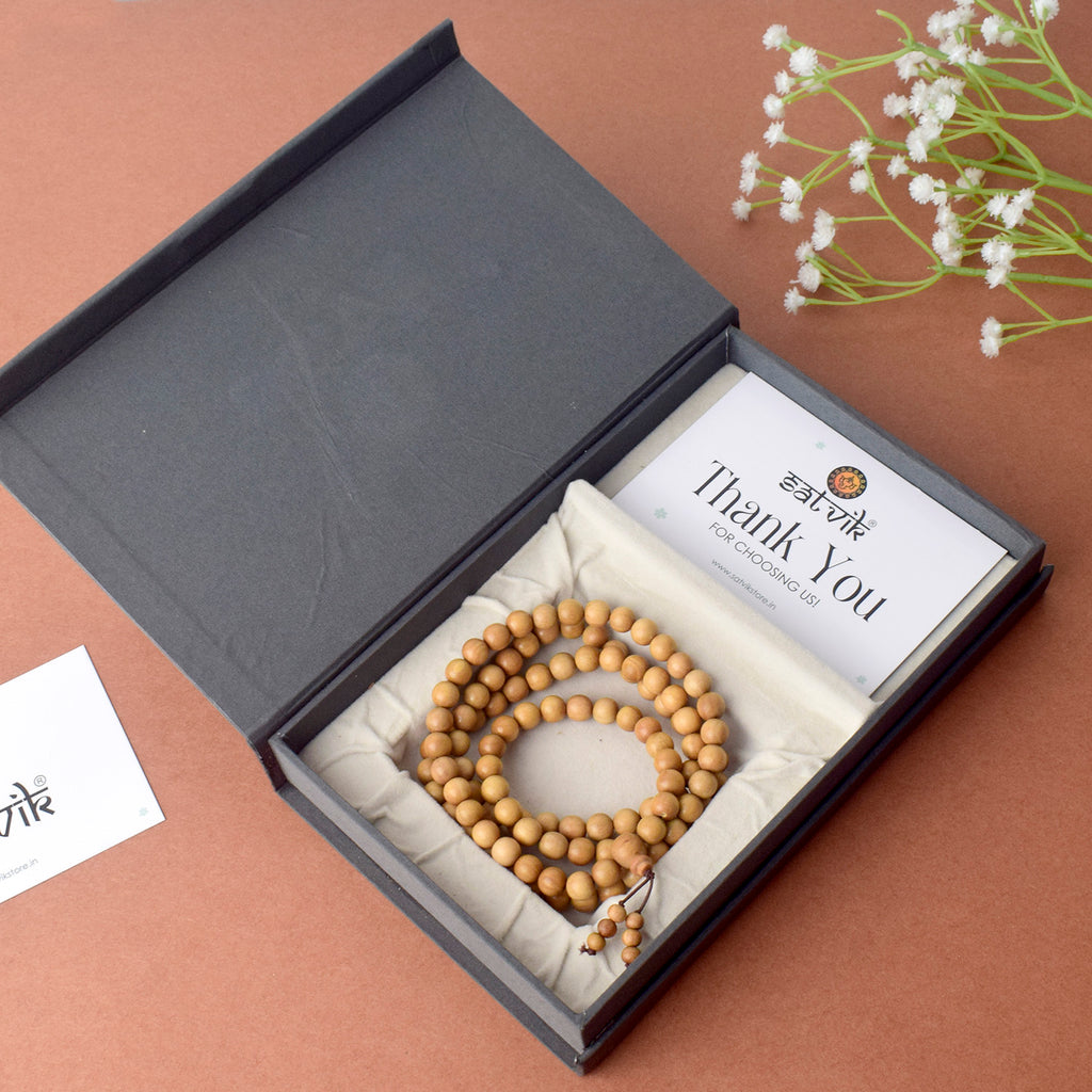 Certified 100% Original Authentic Mysore White Sandalwood (Chandan) Jap Mala with 108+1 beads, made with premium quality sandalwood, ideal for meditation, prayer, and spiritual practices. India’s Largest Pooja Accessories Brand – www.satvikworld.com