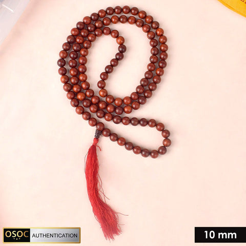 Certified 10mm 100% original authentic red sandalwood (Chandan) jap mala from Andhra Pradesh, with large round beads for meditation, chanting, and spiritual rituals. India’s Premium Jap Mala Store - www.satvikworld.com