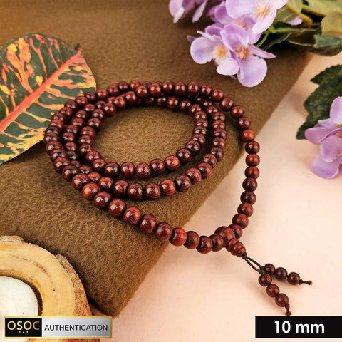 Certified 10mm 100% original authentic red sandalwood (Chandan) jap mala from Andhra Pradesh, with large round beads for meditation, chanting, and spiritual rituals.India’s Premium Jap Mala Store - www.satvikworld.com