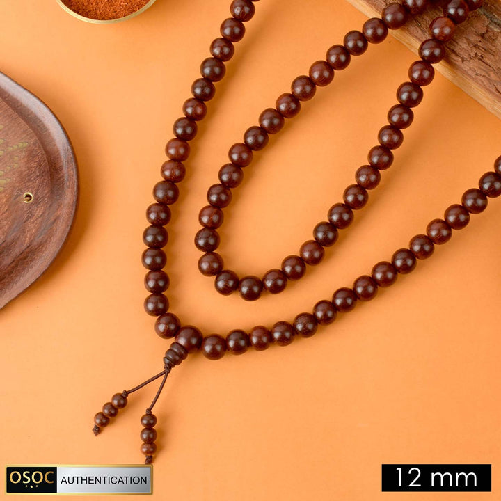 Certified 12mm Original Pure Red Sandalwood Jap Mala from Andhra Pradesh with elastic thread for comfortable daily japa and meditation.India’s Premium Jap Mala Store - www.satvikworld.com